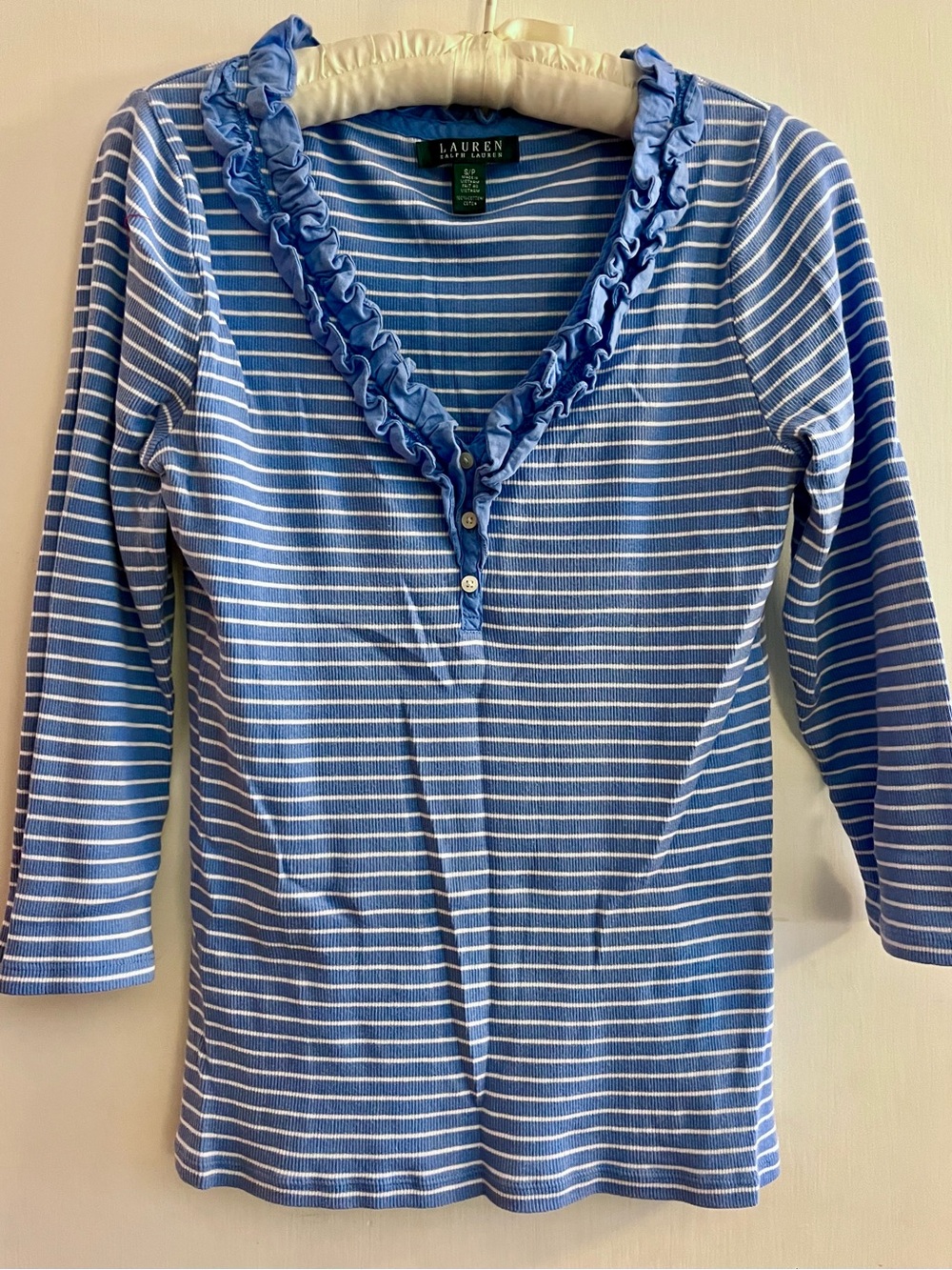 Lauren Ralph Lauren Blue & White Striped Top with Ruffle V-Neck and Long Sleeves